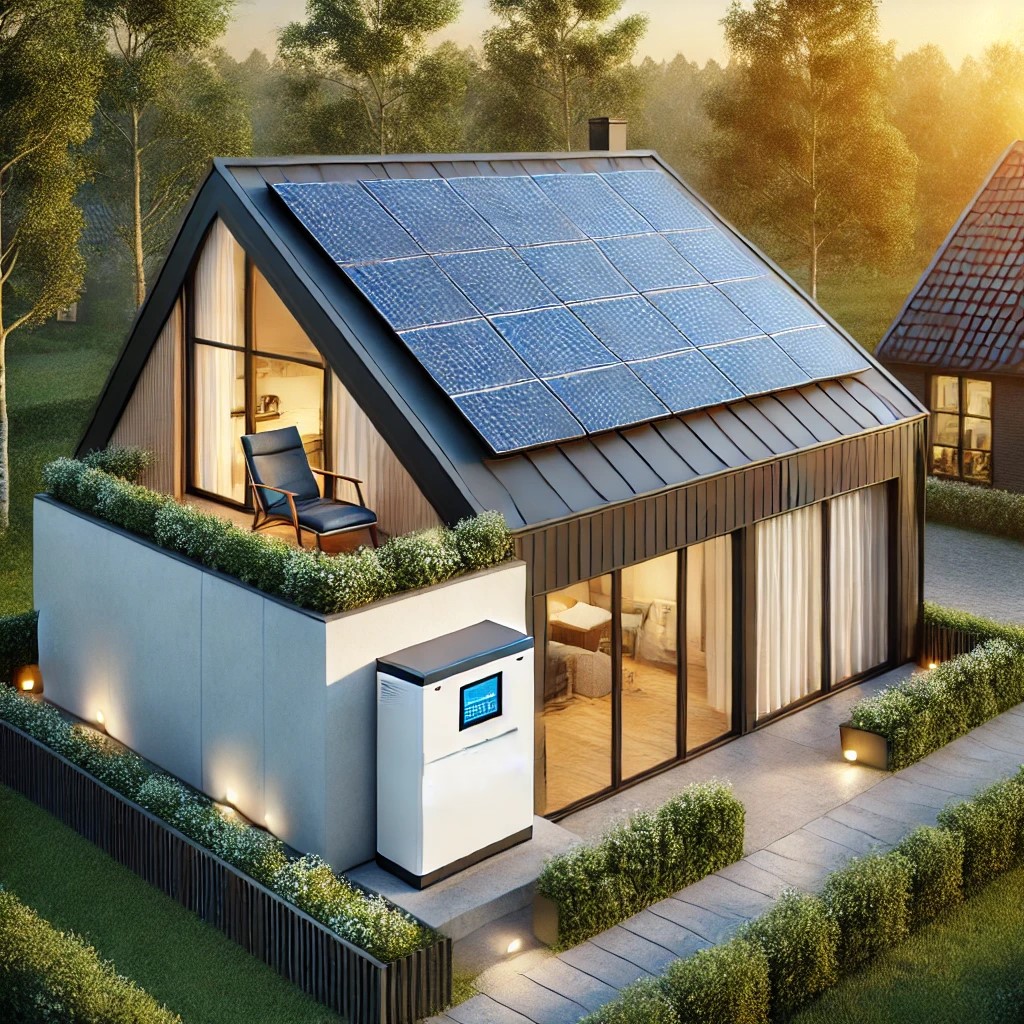 Een moderne thuisbatterij aangesloten op zonnepanelen op het dak van een huis